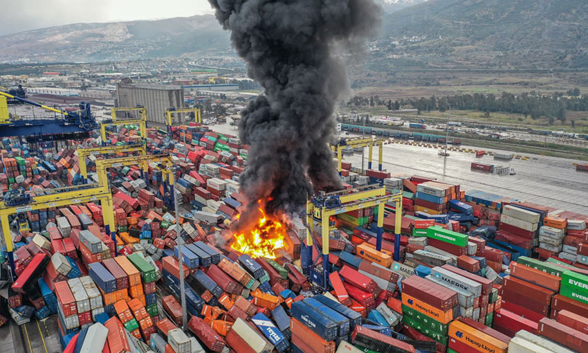 Containers burn at Turkish port after devastating earthquake