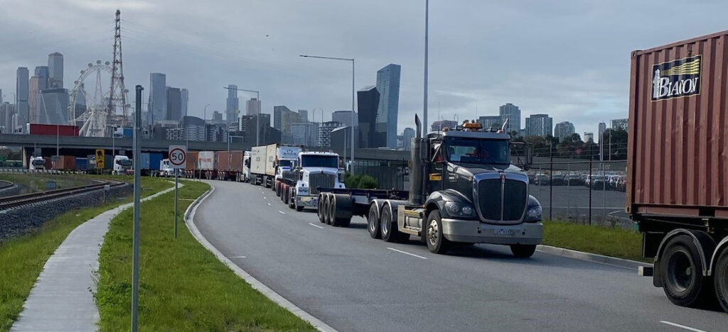 Trucks build up at the Port of Melbourne